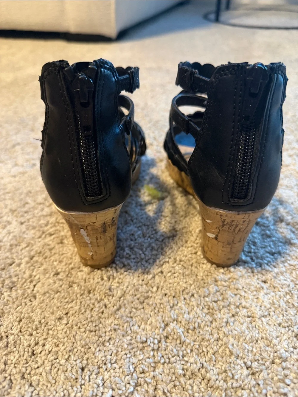 Girls Black Scalloped Strappy Wedge Sandals - Size 12